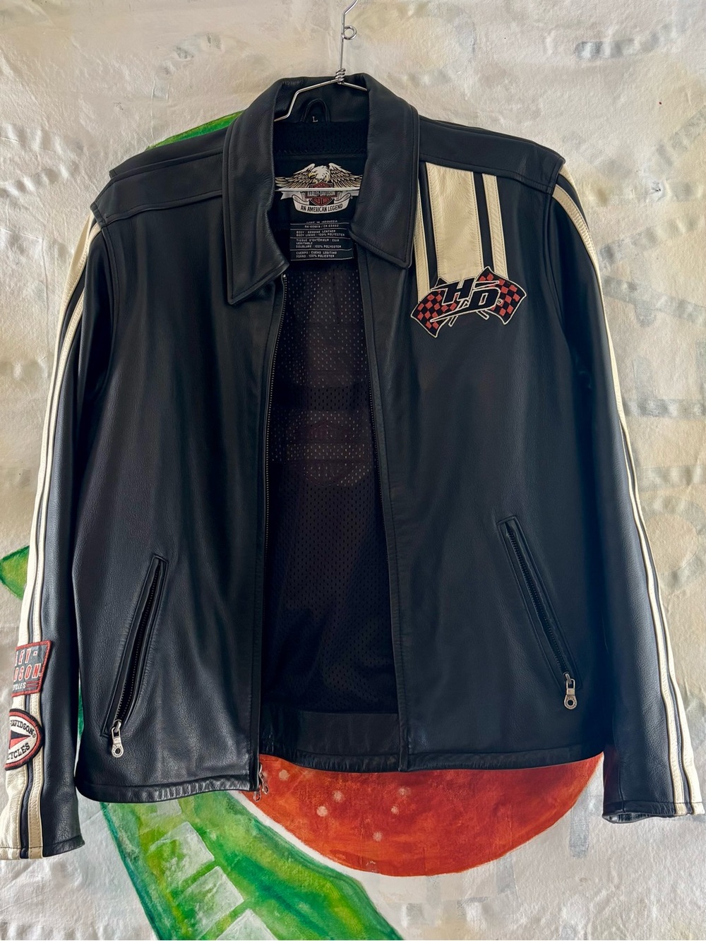 Harley-Davidson Black Leather Bomber Jacket with White Stripe